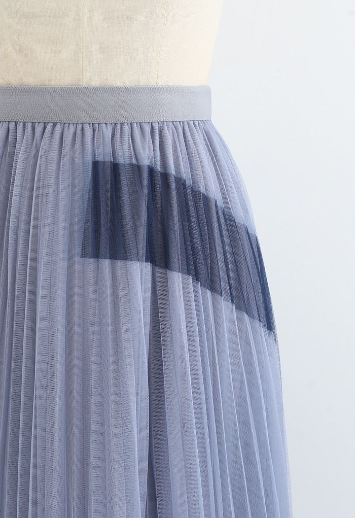 Color Block Double-Layered Mesh Skirt in Dusty Blue