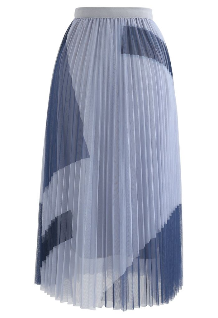 Color Block Double-Layered Mesh Skirt in Dusty Blue