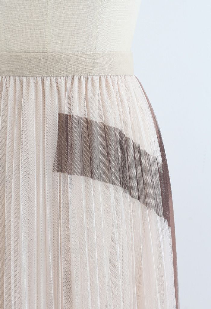 Color Block Double-Layered Mesh Skirt in Tan