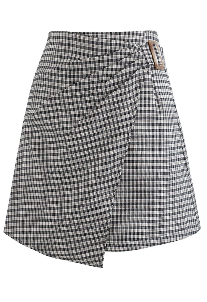 Side Ruched Belt Asymmetric Mini Skirt in Gingham - Retro, Indie and ...