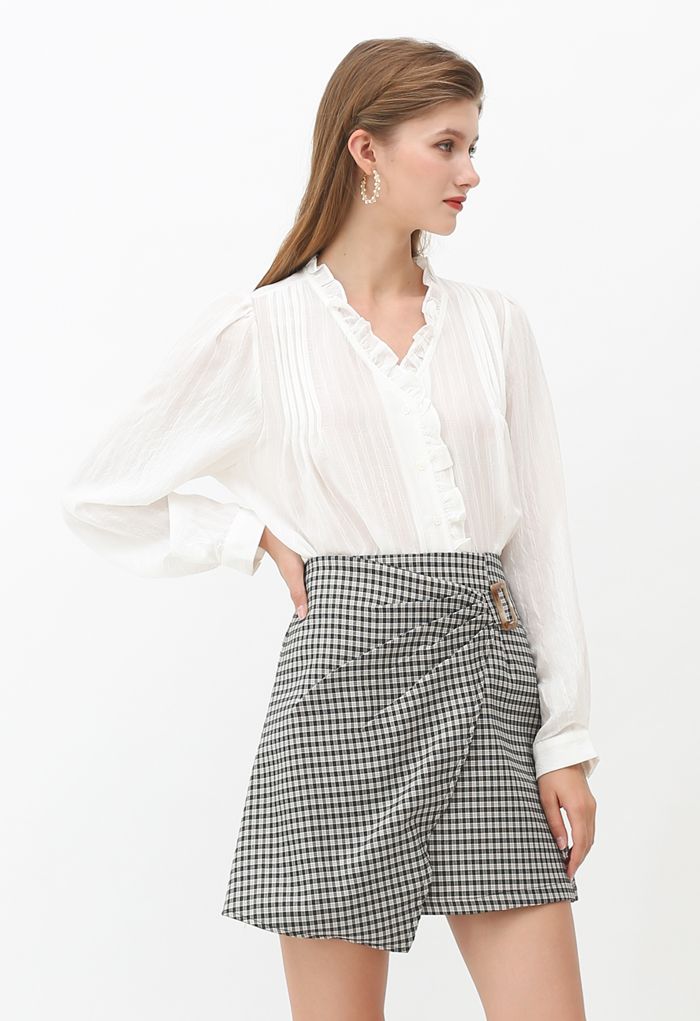 Side Ruched Belt Asymmetric Mini Skirt in Gingham - Retro, Indie and ...