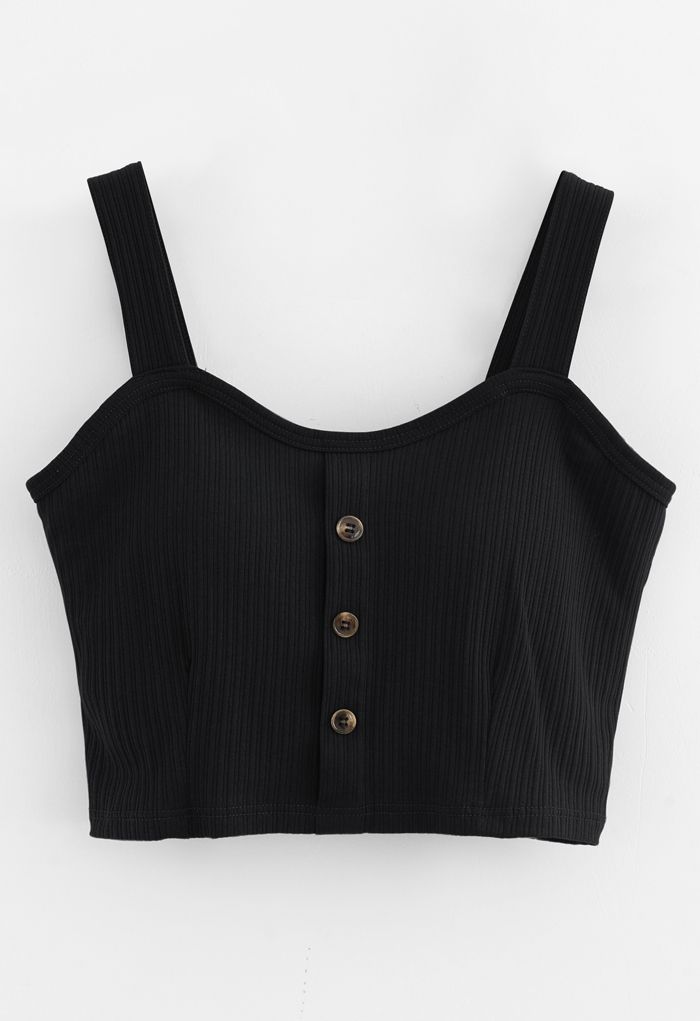 Buttoned Front Strappy Crop Tank Top in Black - Retro, Indie and Unique  Fashion