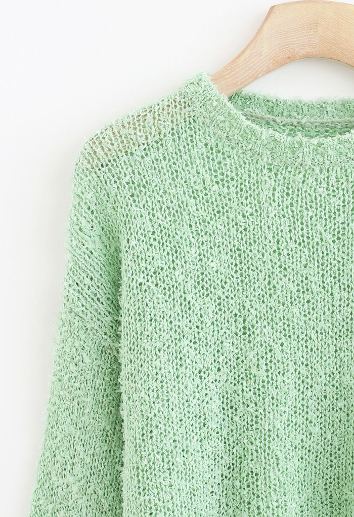 Cropped Fluffy Hollow Out Knit Sweater in Pea Green - Retro, Indie and ...