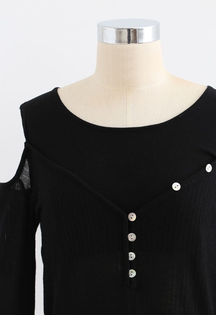 Fake Two-Piece Button Knit Top in Black