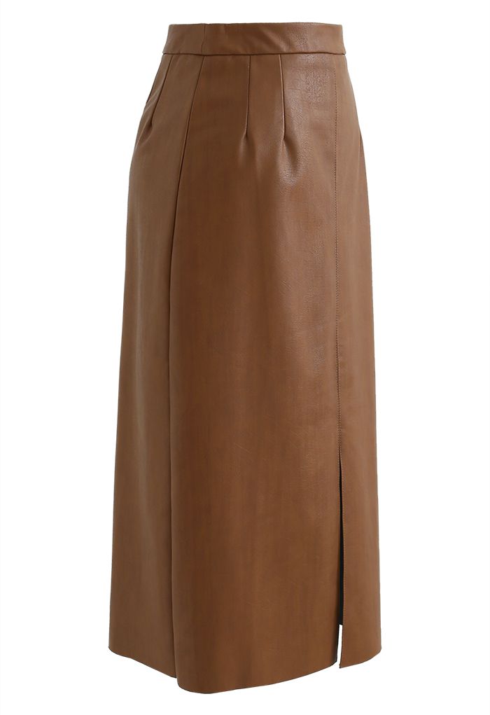Vent Hem Faux Leather Pencil Skirt in Caramel