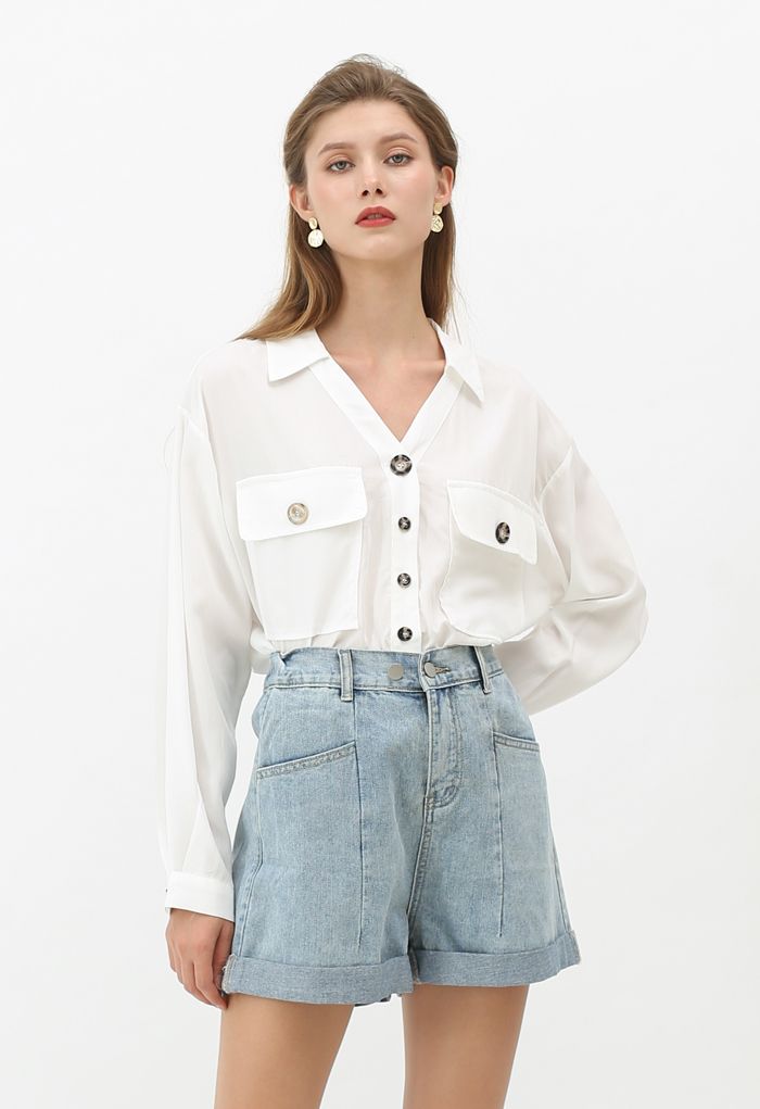 Flap Pockets Button Down Shirt in White - Retro, Indie and Unique Fashion