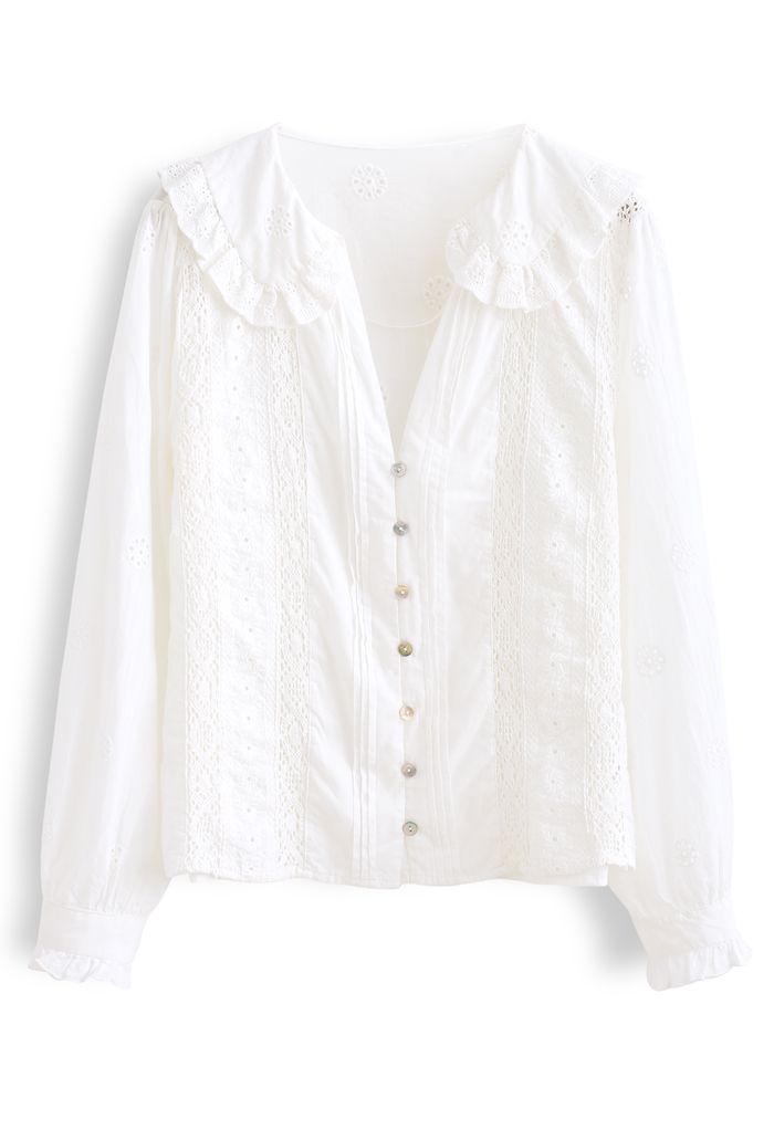 Shell Button V-Neck Embroidered Eyelet Top - Retro, Indie and Unique ...