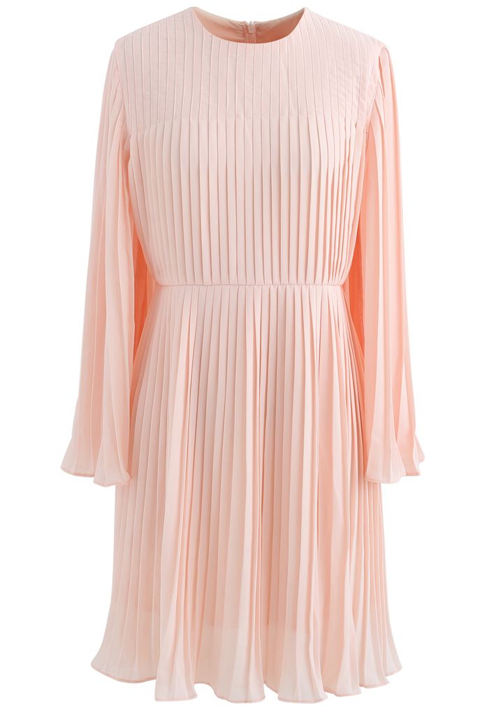 Solid Pink Cape Sleeves Pleated Dress - Retro, Indie and Unique Fashion