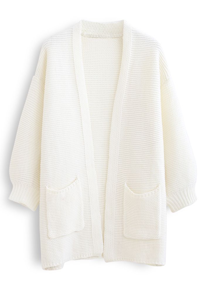 Basic Pockets Open Front Knit Cardigan in White - Retro, Indie and ...
