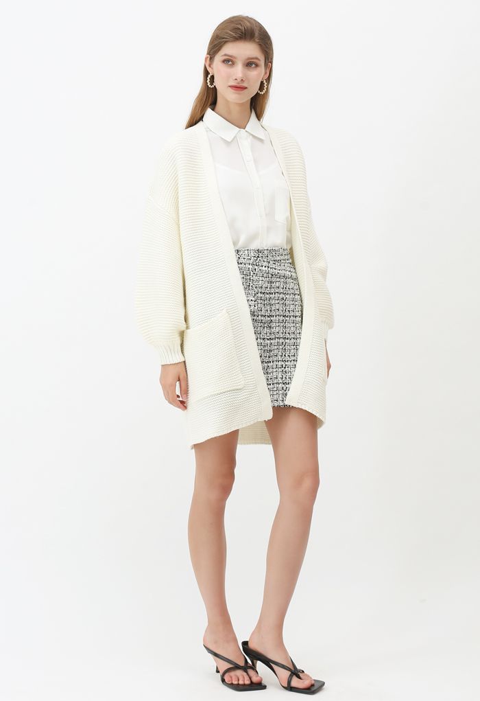 Basic Pockets Open Front Knit Cardigan in White