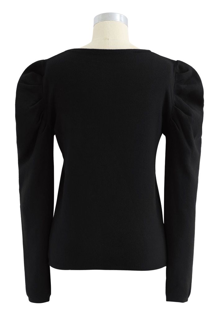 Square Neck Bubble Sleeves Knit Top in Black - Retro, Indie and Unique ...