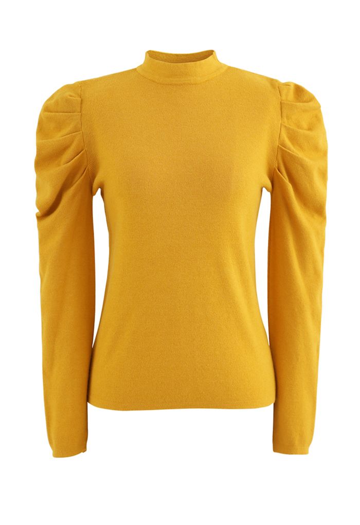 Mock Neck Bubble Sleeves Knit Top in Yellow - Retro, Indie and Unique ...