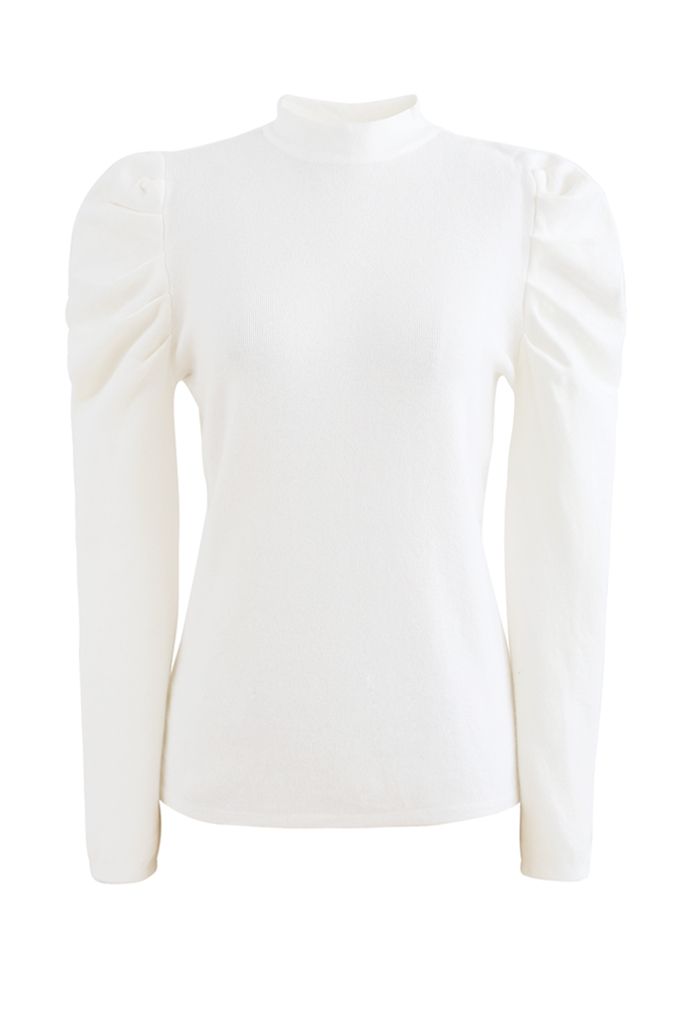 Mock Neck Bubble Sleeves Knit Top in White - Retro, Indie and Unique ...