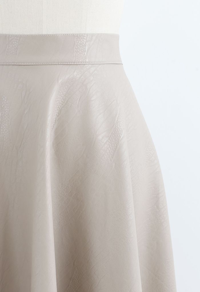 Faux Leather Crocodile Embossed A-Line Midi Skirt in Sand - Retro ...