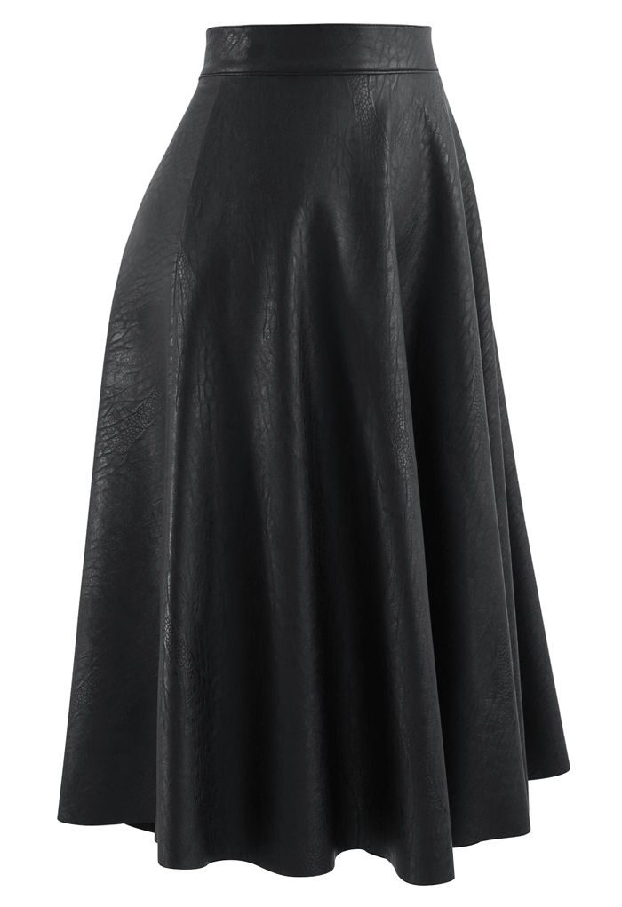 Faux Leather Crocodile Embossed A-Line Midi Skirt in Black - Retro ...