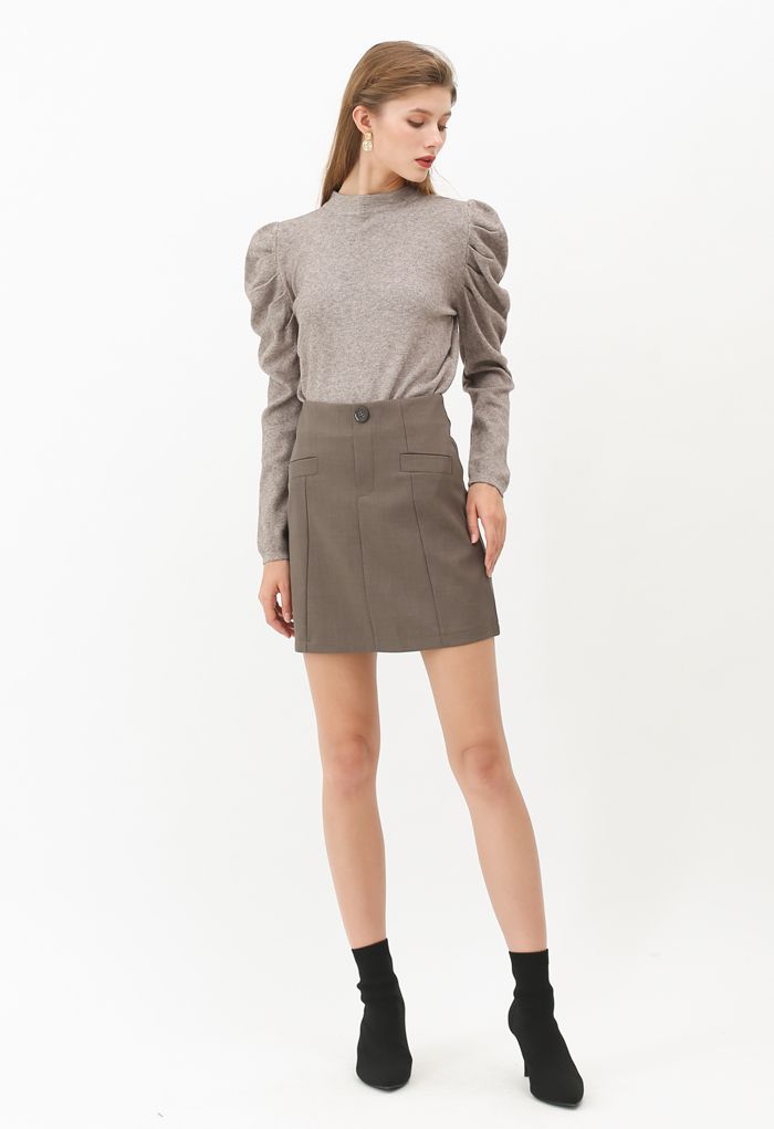 Pocket Embellishment Bud Skirt in Brown - Retro, Indie and Unique Fashion
