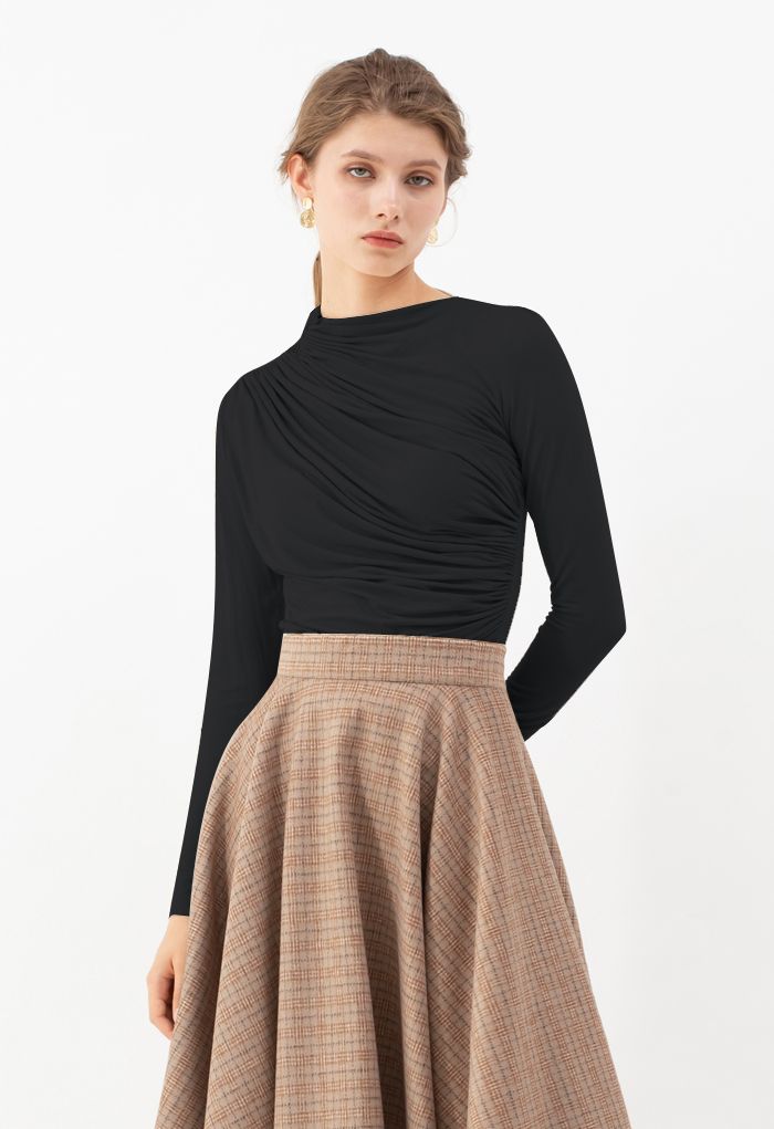 Ruched Long Sleeves Top in Black ...