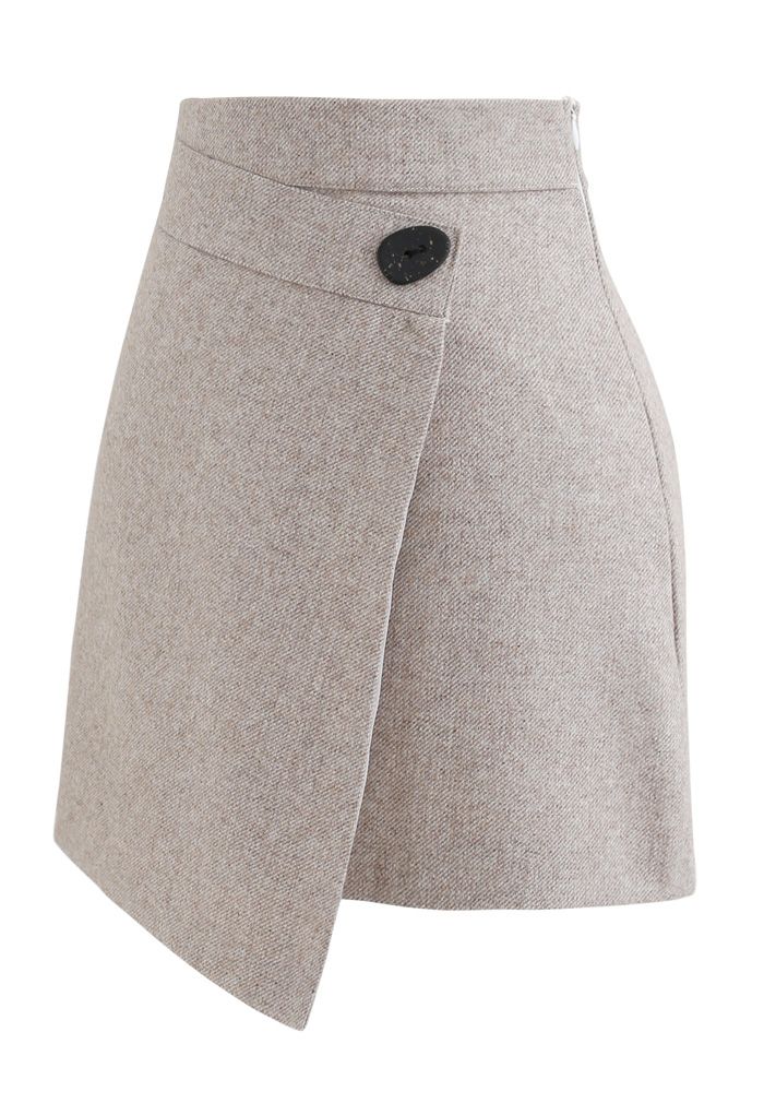 Button Flap Wool-Blended Mini Skirt in Light Tan - Retro, Indie and ...