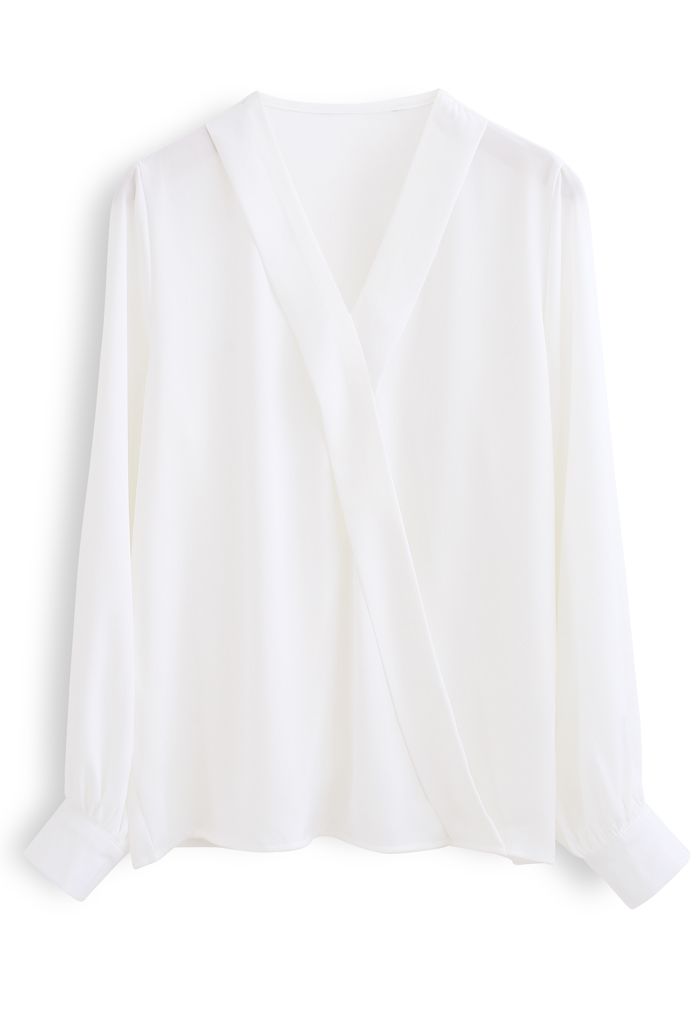 Satin Surplice Neck Sleeves Top in White - Retro, Indie and Unique Fashion