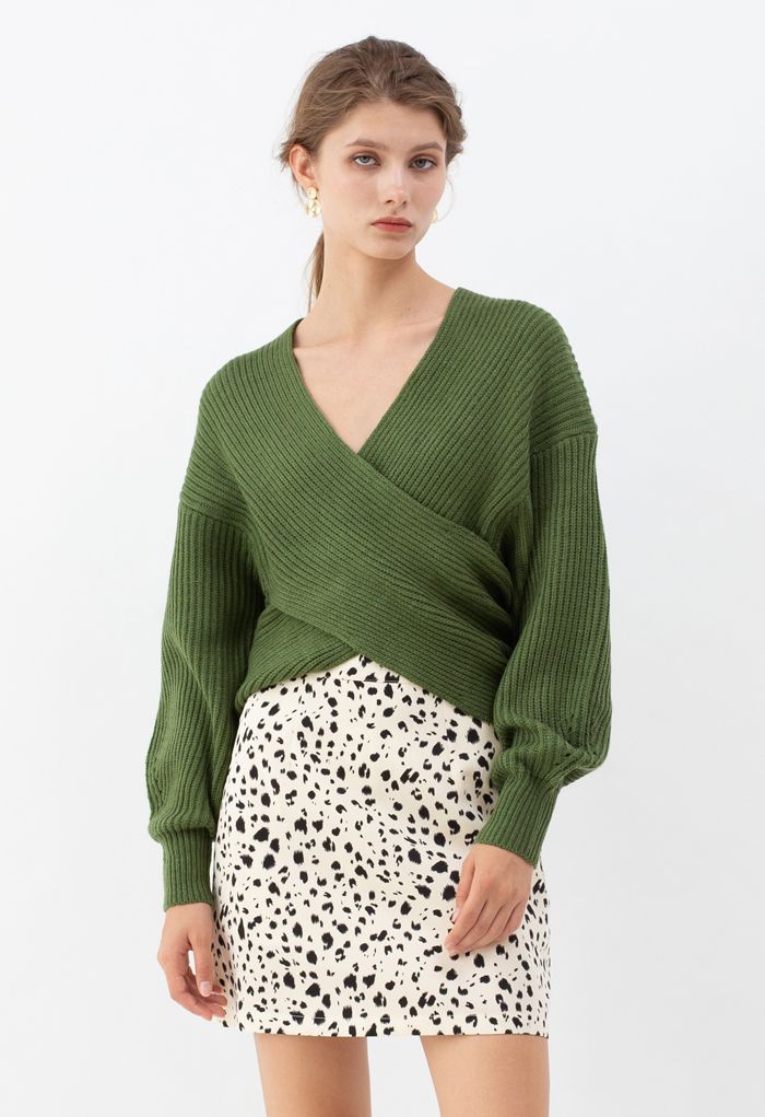 Crisscross Ribbed Knit Crop Sweater in Army Green - Retro, Indie and ...