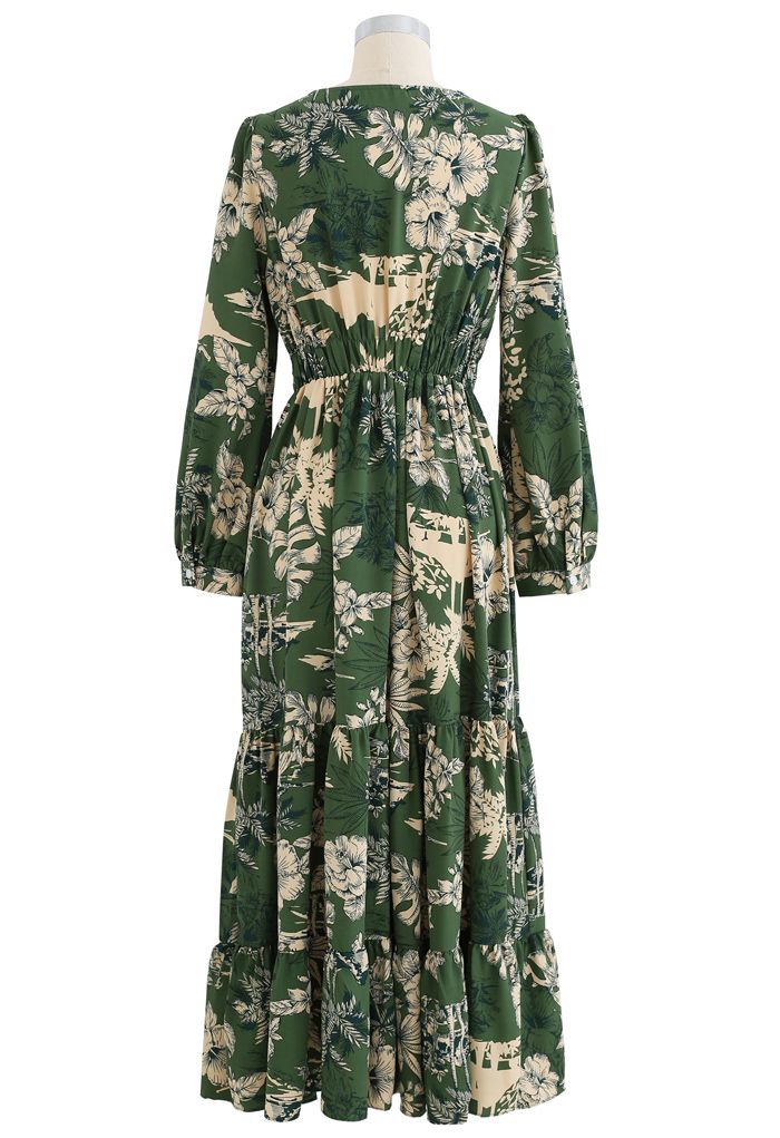 Floral Land Wrap Ruffle Maxi Dress in Green - Retro, Indie and Unique ...