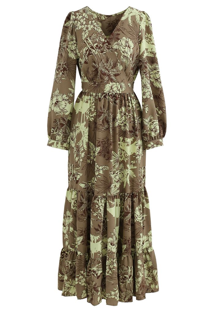 Floral Land Wrap Ruffle Maxi Dress in Tan - Retro, Indie and Unique Fashion