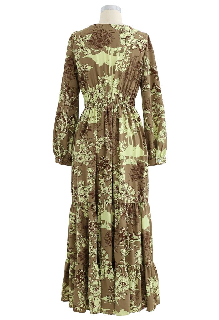 Floral Land Wrap Ruffle Maxi Dress in Tan - Retro, Indie and Unique Fashion