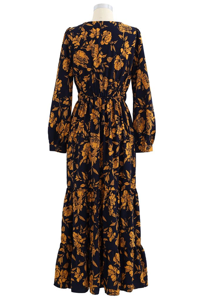 Floral Print Wrap Ruffle Maxi Dress in Navy - Retro, Indie and Unique ...