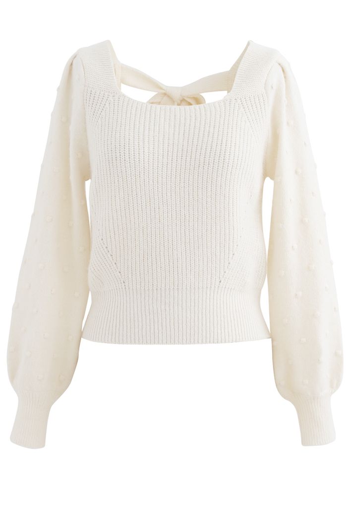 Bowknot Back Square Neck Knit Sweater in Cream