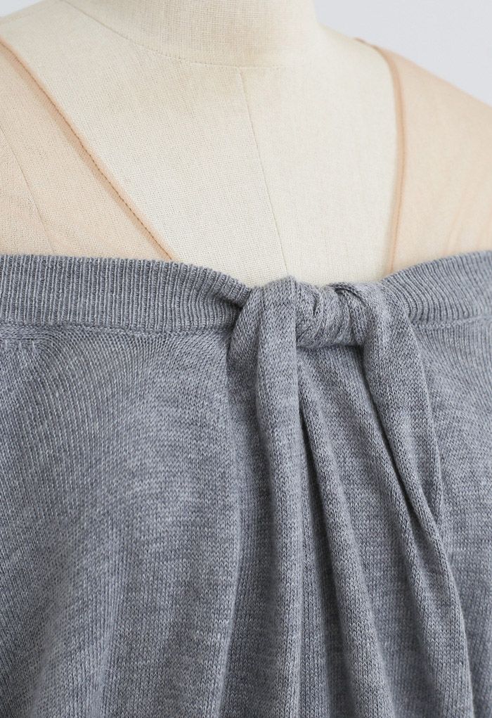 Mesh Shoulder Drape Neck Knit Sweater in Grey