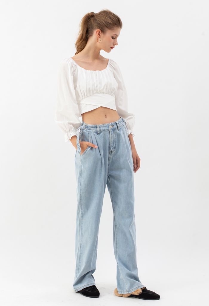 Belted Wide-Leg Pocket Jeans in Light Blue - Retro, Indie and Unique Fashion