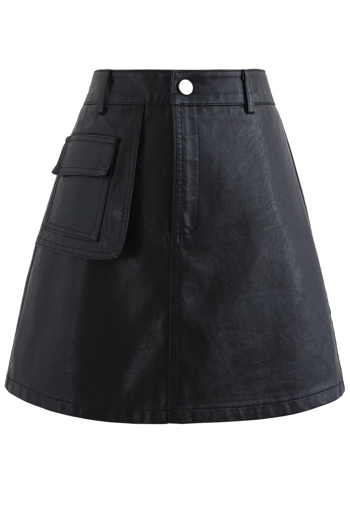 Pocket Faux Leather Texture Skirt in Black - Retro, Indie and Unique ...
