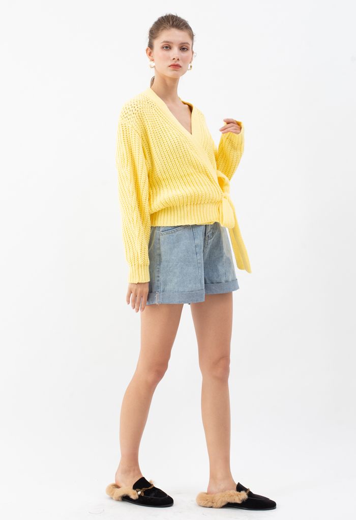 Wrap Bowknot Chunky Knit Sweater in Yellow