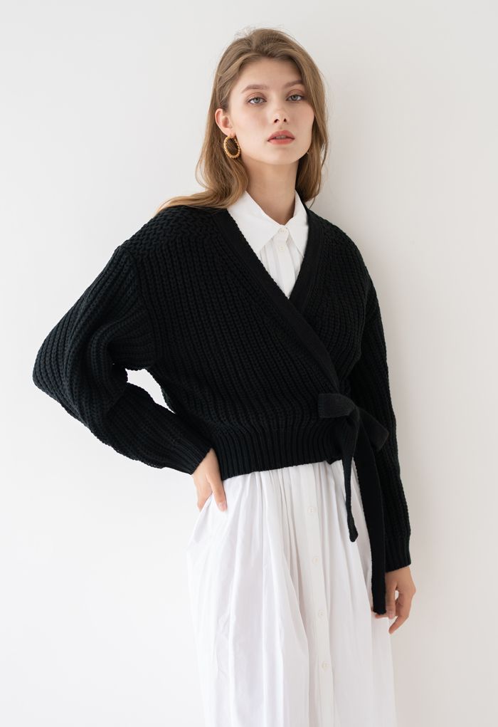 Wrap Bowknot Chunky Knit Sweater in Black