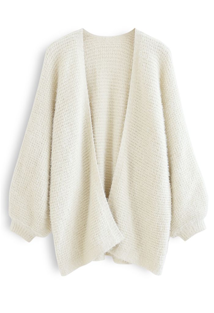 Fuzzy Open Front Waffle Knit Cardigan in Cream - Retro, Indie and ...
