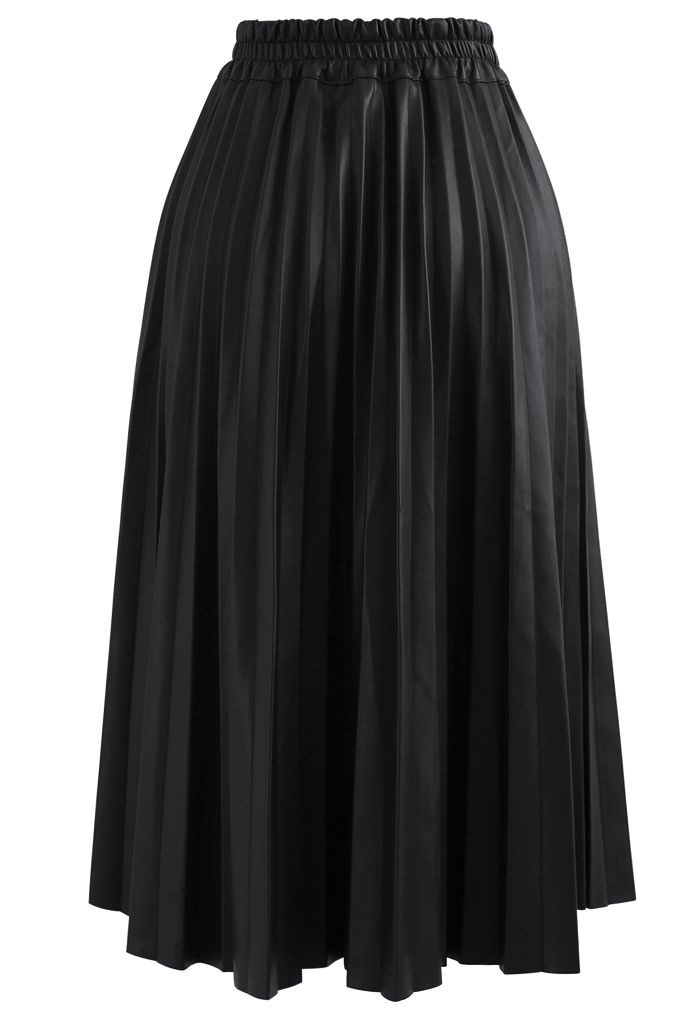 Faux Leather Pleated A-Line Midi Skirt in Black - Retro, Indie and ...