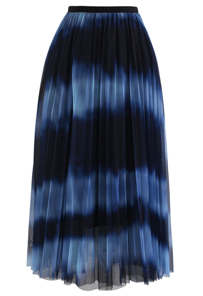 Color-Block Mesh Tulle Pleated Midi Skirt in Blue - Retro, Indie and ...