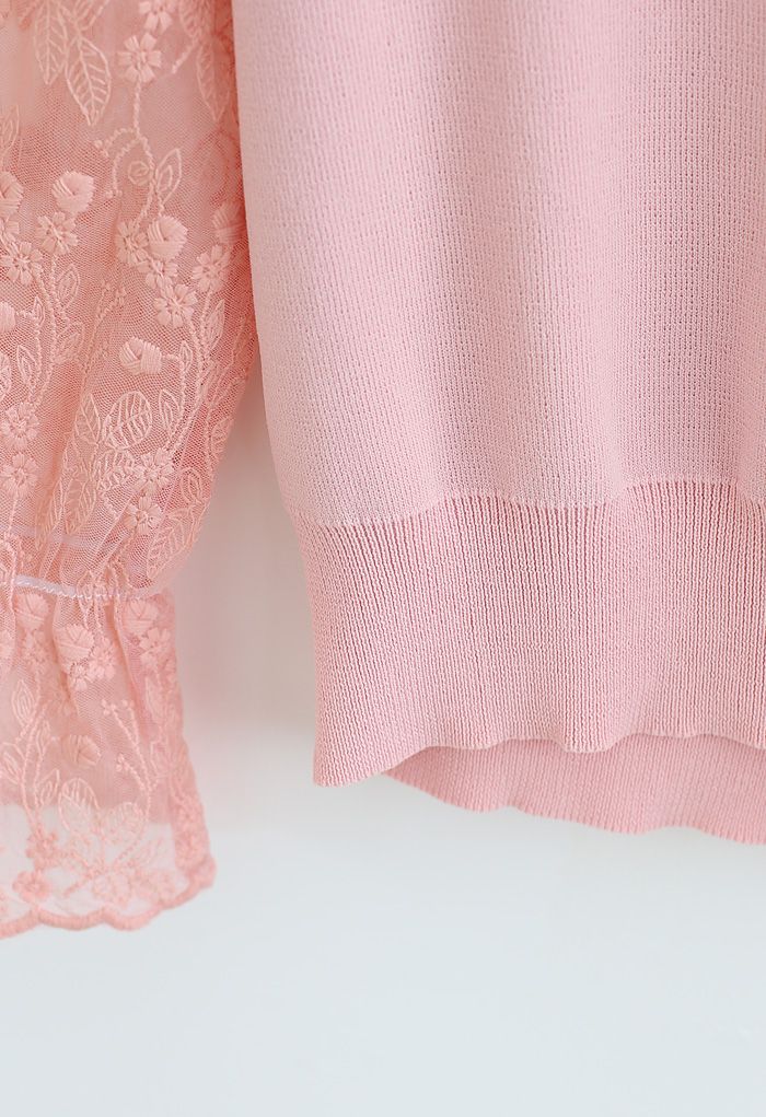 Embroidered Posy Mesh Sleeves Knit Top in Pink - Retro, Indie and ...