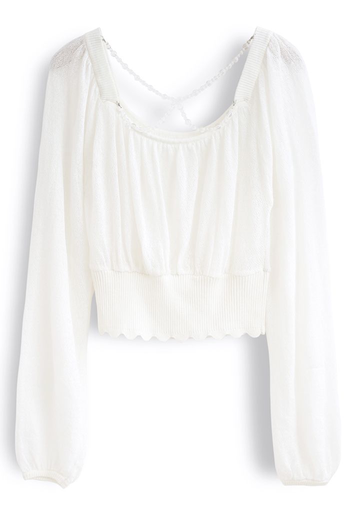 Crisscross Pearl Square Neck Crop Knit Top in White - Retro, Indie and ...