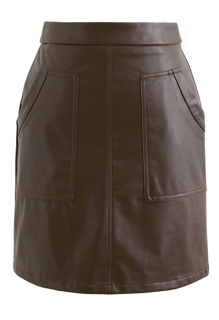 Pockets Faux Leather Bud Skirt in Brown - Retro, Indie and Unique Fashion