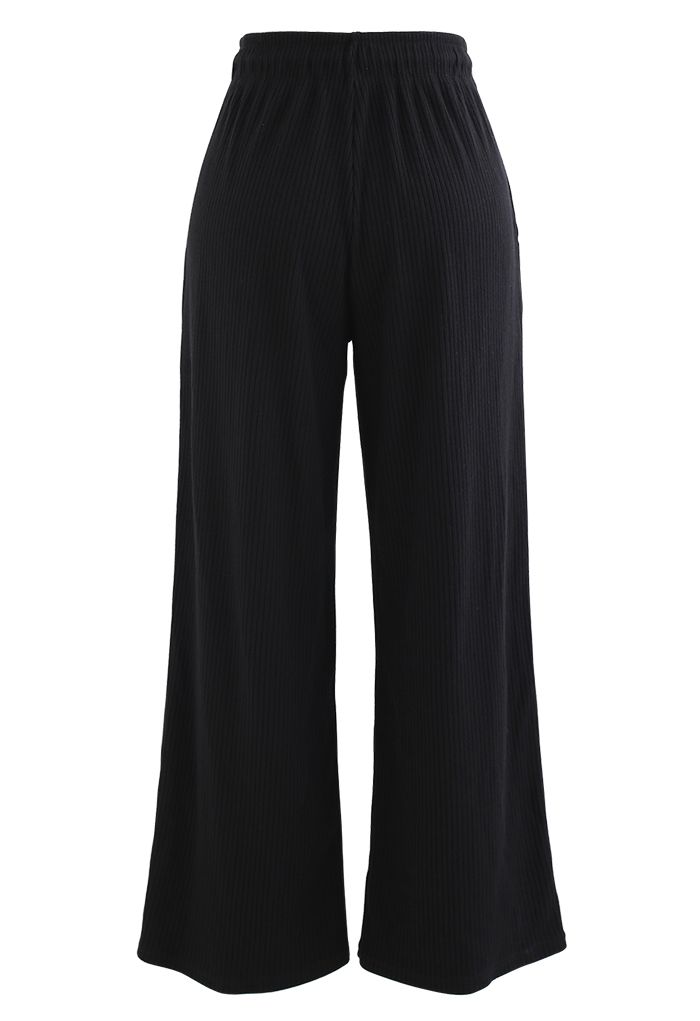 Cropped Wide-Leg Drawstring Knit Pants in Black - Retro, Indie and ...