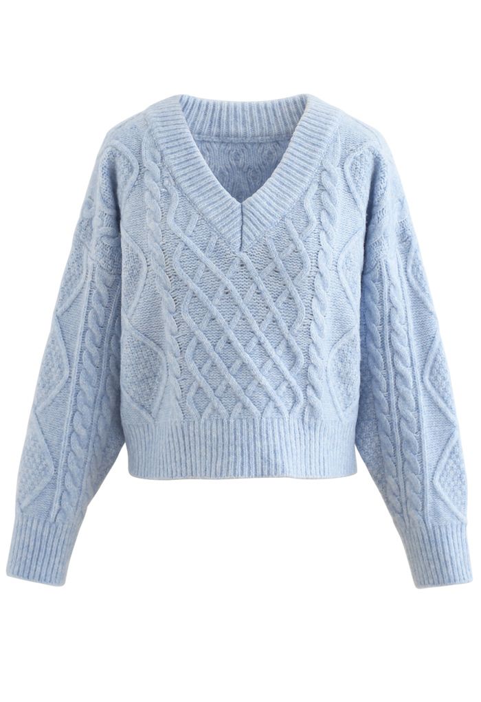 Tie-Back Cable Knit V-Neck Crop Sweater in Blue - Retro, Indie and ...
