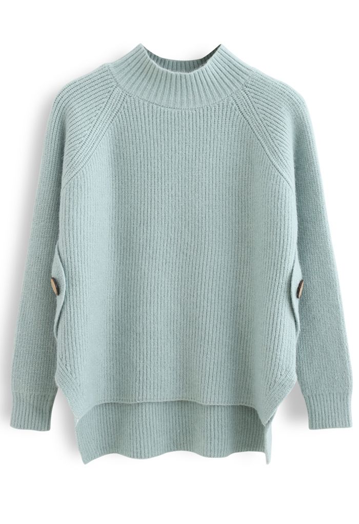 Button Side Hi-Lo Knit Sweater in Mint - Retro, Indie and Unique Fashion