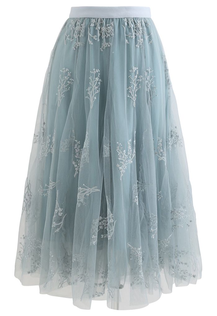 Sequins Embroidered Bouquet Mesh Midi Skirt in Turquoise - Retro, Indie ...
