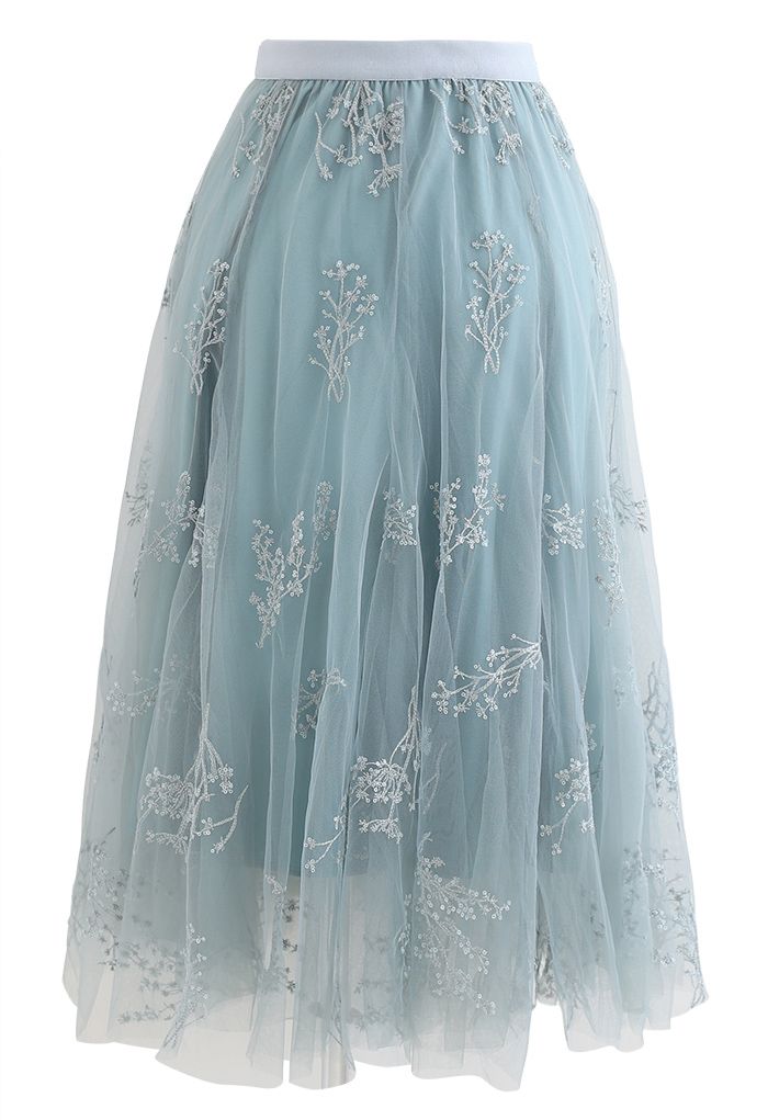 Sequins Embroidered Bouquet Mesh Midi Skirt in Turquoise - Retro, Indie ...