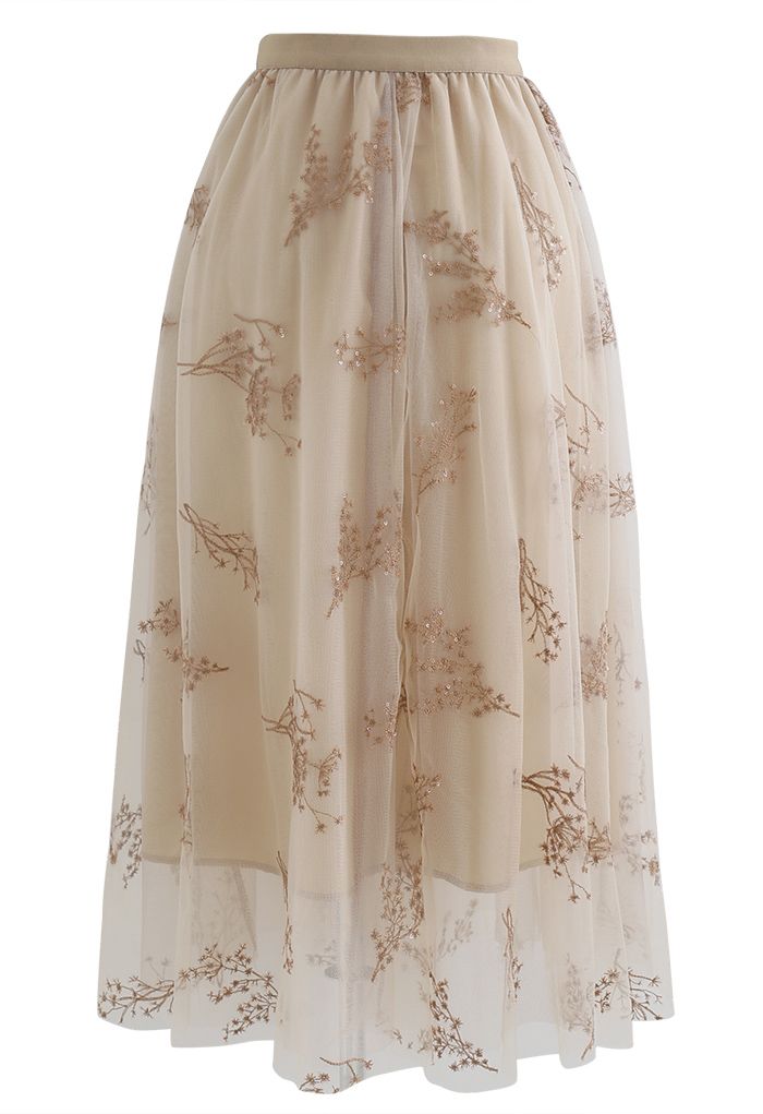 Sequins Embroidered Bouquet Mesh Midi Skirt in Tan - Retro, Indie and ...