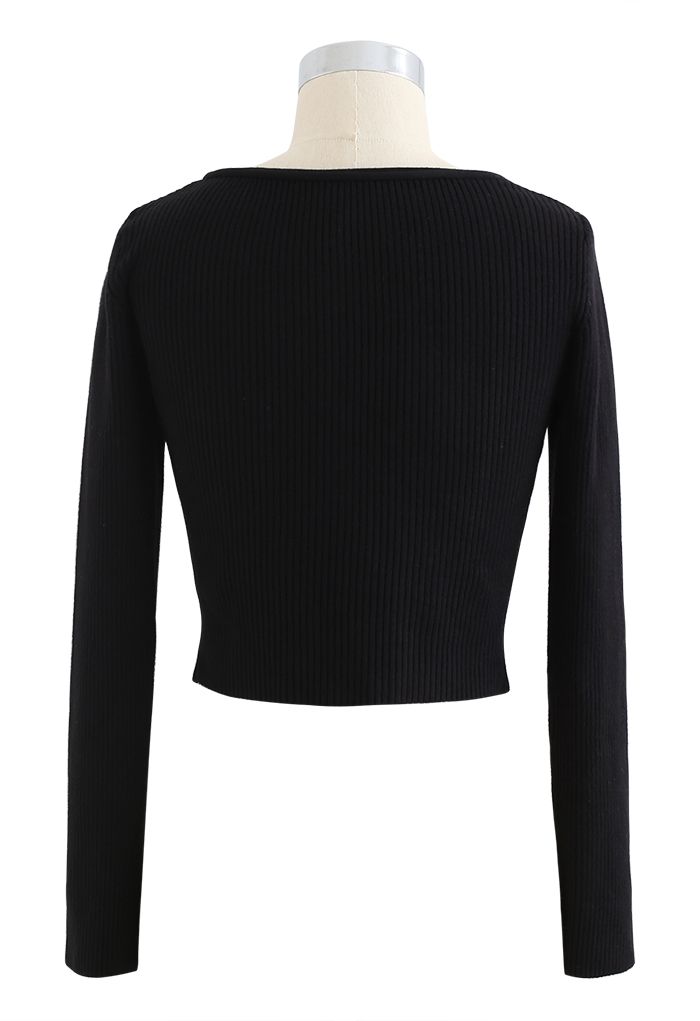 Ribbed Knit Buttoned Crop Top in Black - Retro, Indie and Unique Fashion