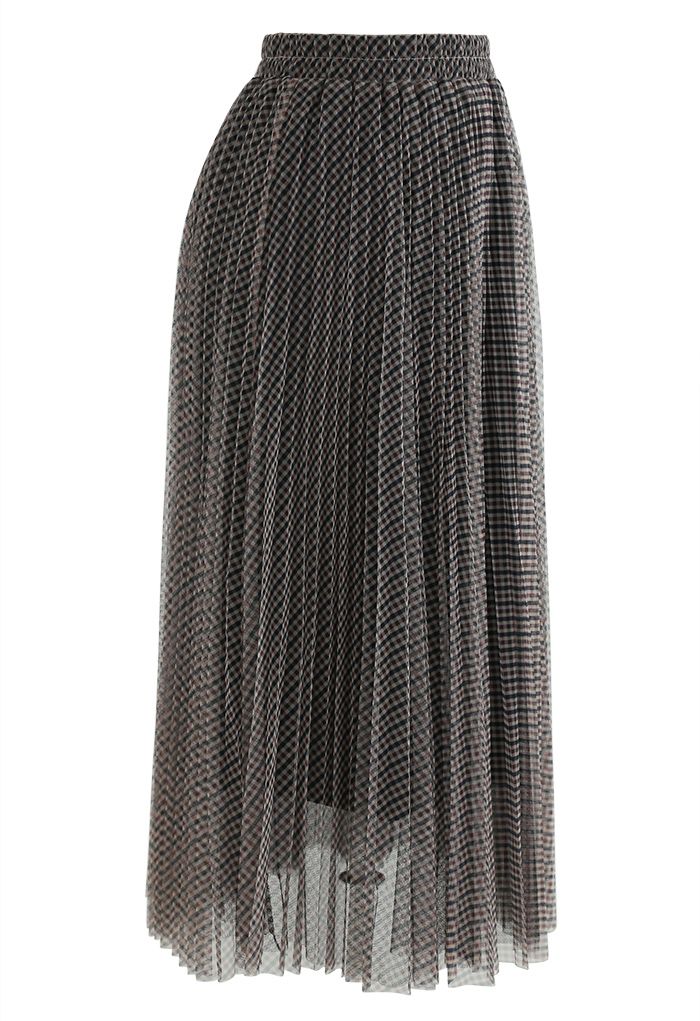 Gingham Double-Layered Pleated Mesh Midi Skirt in Khaki - Retro, Indie ...