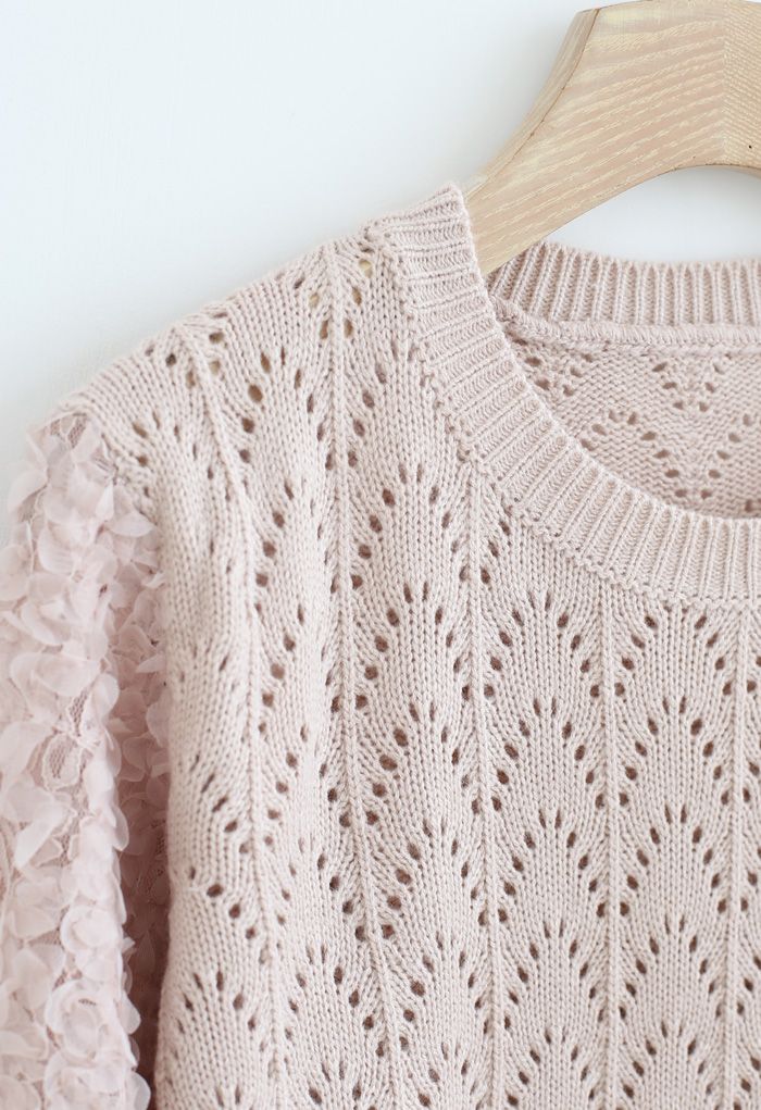 3D Flower Lace Sleeves Eyelet Knit Sweater in Dusty Pink - Retro, Indie ...