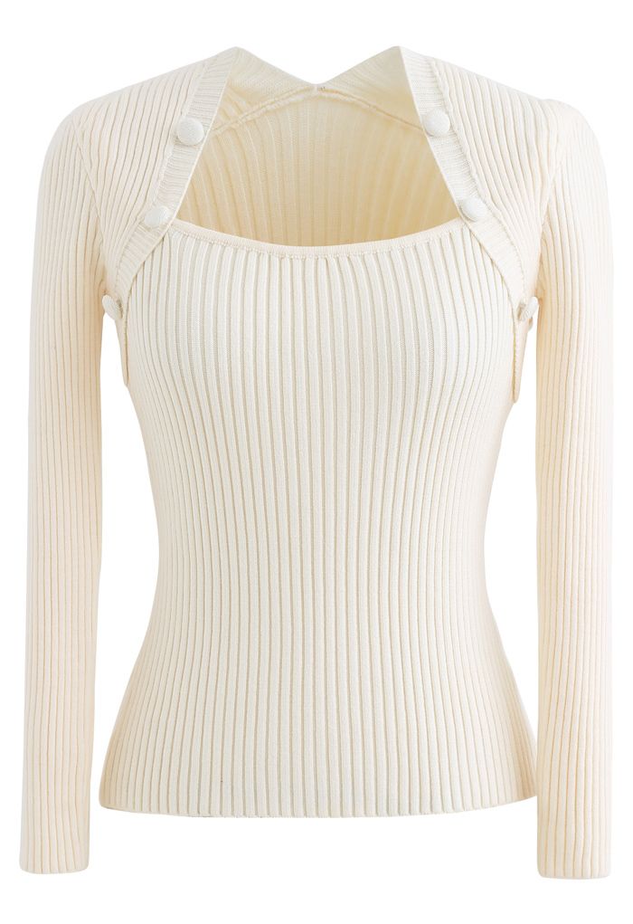 Buttons Decorated Square Neck Knit Top in Cream